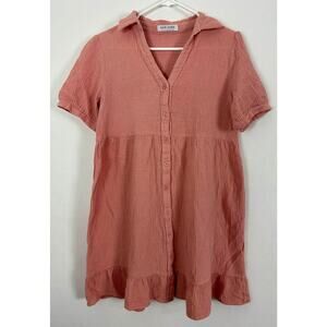 Kate Kasin Size Medium Pink Cotton Blend Gauze Ruffle Babydoll Shirt Dress Loose